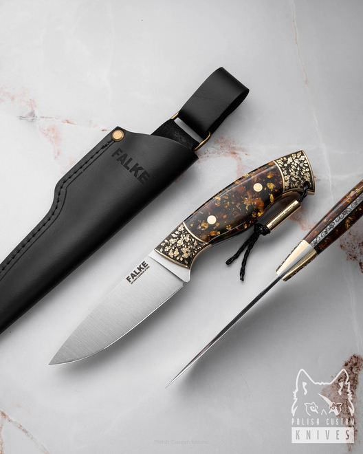 NÓŻ MYŚLIWSKI HUNTER INDIVIDUAL H337 D2 ZŁOTO BURSZYTN W ŻYWICY FALKE KNIVES
