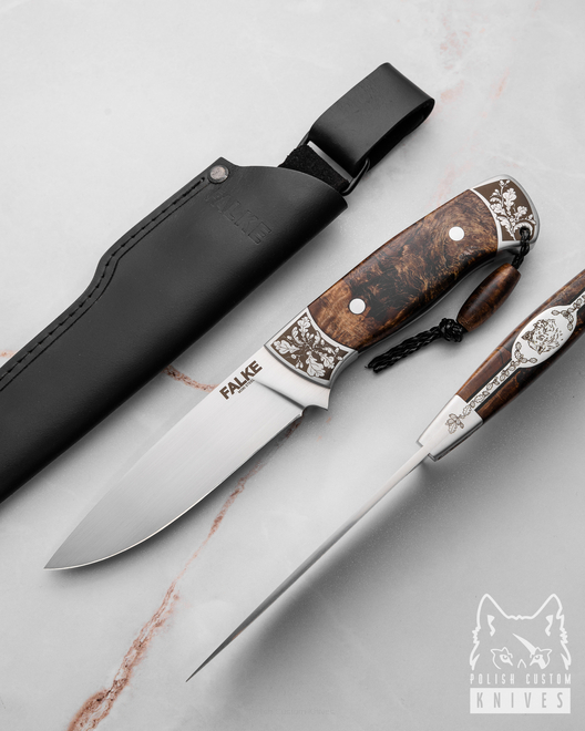 NÓŻ MYŚLIWSKI HUNTER ELEGANCE HE 008 M390 STABILIZOWANY KORZEŃ OLCHY FALKE