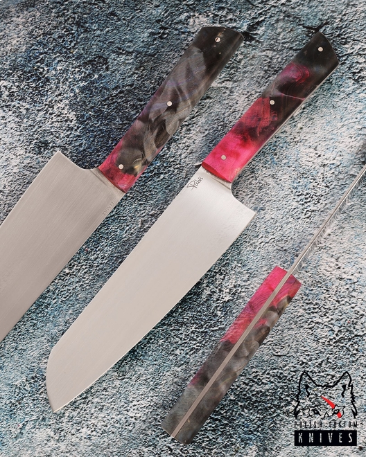 NÓŻ KUCHENNY SANTOKU 180 47 ELMAX STABILIZOWANA CZECZOTA KLONU RÓŻOWO NIEBIESKA PABIŚ KNIVES