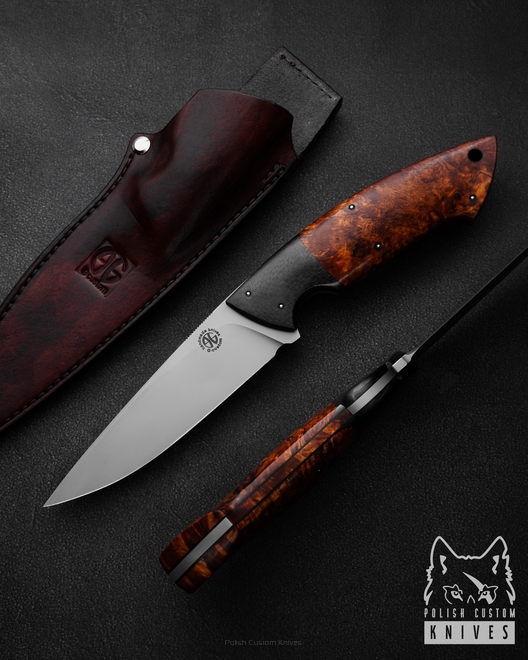 NÓŻ MYŚLIWSKI TAKTYCZNY SAURON 8 CPM S90V WŁÓKNO WĘGLOWE STABILIZOWANA CZECZOTA OLCHY G-CUSTOM KNIVES