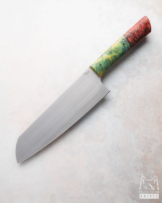 NÓŻ KUCHENNY SANTOKU 180 42  ELMAX KLON STABILIZOWANY ZIELONO CZERWONY PABIŚ KNIVES