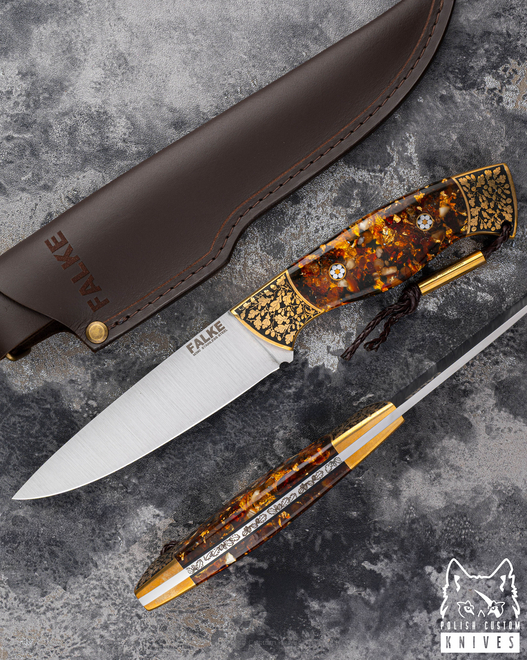 NÓŻ MYŚLIWSKI HUNTER LONG INDIVIDUAL HL 011 M390 ZŁOTO BURSZYTN W ŻYWICY FALKE KNIVES