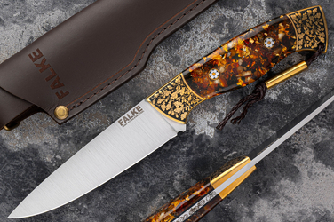 NÓŻ MYŚLIWSKI HUNTER LONG INDIVIDUAL HL 011 M390 ZŁOTO BURSZYTN W ŻYWICY FALKE KNIVES