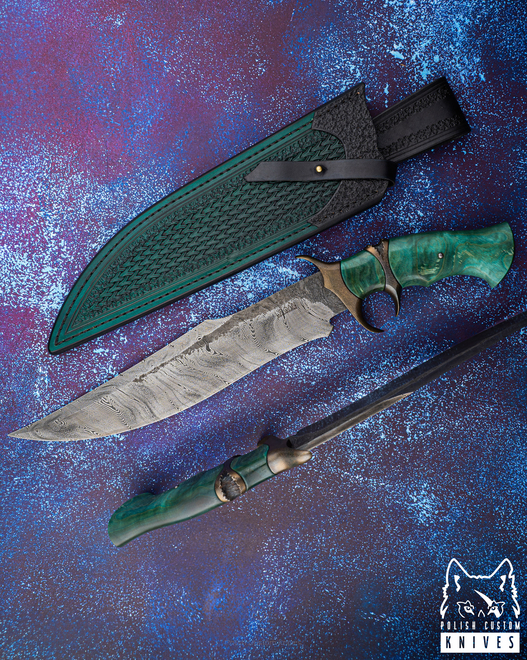 DUŻY EKSKLUZYWNY NÓŻ KOLEKCJONERSKI TAURIST DAMAST K720/15N20 DREWNO STABILIZOWANE WROAN KNIVES