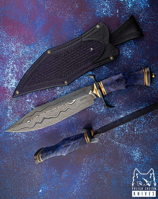 DUŻY EKSKLUZYWNY NÓŻ KOLEKCJONERSKI THANOS DAMAST K720/15N20 DREWNO STABILIZOWANE WROAN KNIVES