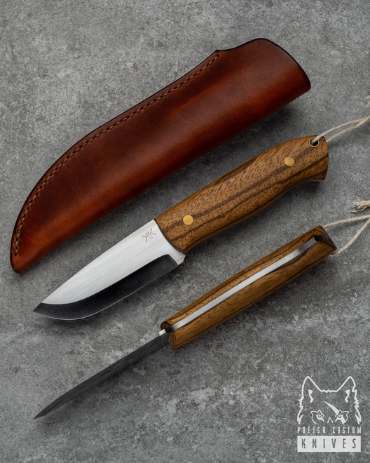 NÓŻ MAŁY BUSHCRAFT ZEBRANO Z BRĄZOWĄ POCHWĄ SKÓRZANĄ ML 