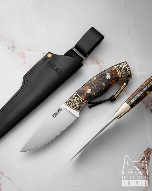 NÓŻ MYŚLIWSKI HUNTER INDIVIDUAL H323 N690 ZŁOTO BURSZYTN W ŻYWICY FALKE KNIVES