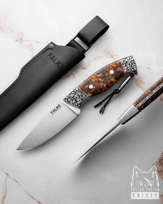 NÓŻ MYŚLIWSKI HUNTER INDIVIDUAL H319 N690 ZŁOTO BURSZYTN W ŻYWICY FALKE KNIVES