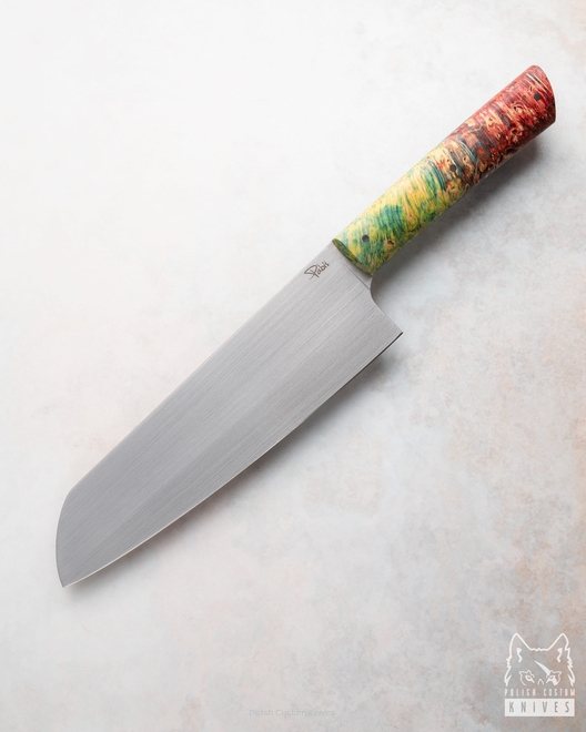 NÓŻ KUCHENNY SANTOKU 180 43  M390 KLON STABILIZOWANY ZIELONO CZERWONY PABIŚ KNIVES