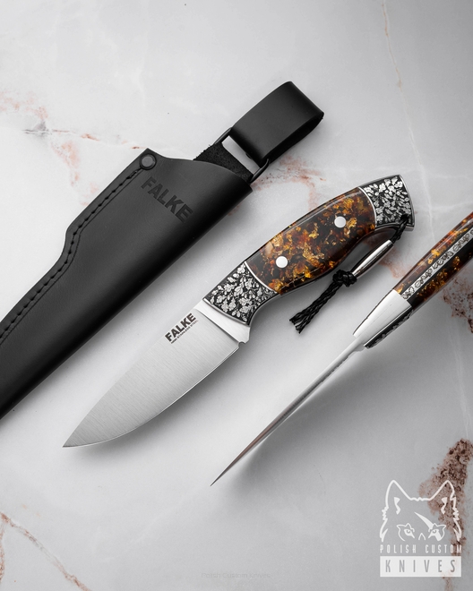 NÓŻ MYŚLIWSKI HUNTER INDIVIDUAL H320 N690 ZŁOTO BURSZYTN W ŻYWICY FALKE KNIVES