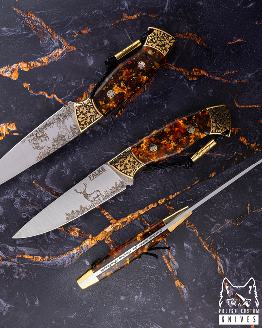 NÓŻ MYŚLIWSKI HUNTER LONG INDIVIDUAL HL 007 M390 ZŁOTO BURSZYTN W ŻYWICY FALKE KNIVES