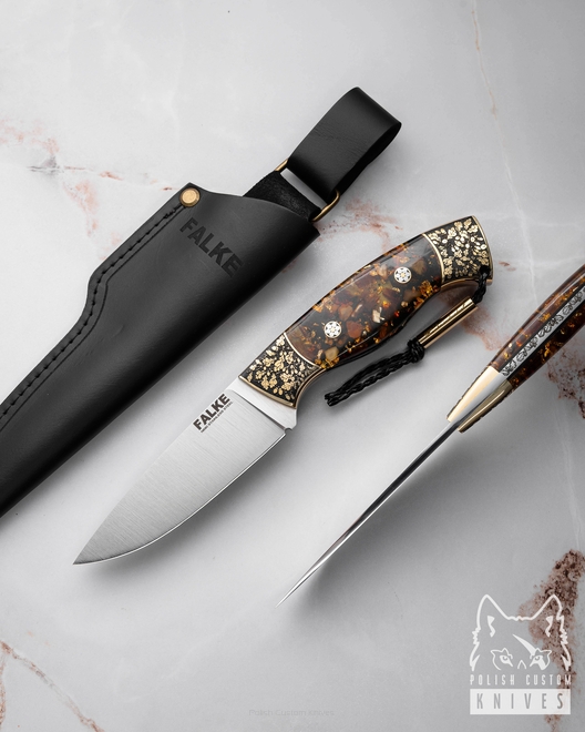 NÓŻ MYŚLIWSKI HUNTER INDIVIDUAL H324 N690 ZŁOTO BURSZYTN W ŻYWICY FALKE KNIVES