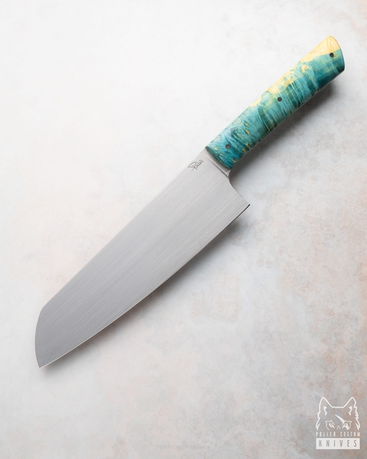 NÓŻ KUCHENNY SANTOKU 180 45  ELMAX KLON STABILIZOWANY NIEBIESKO ŻÓŁTY PABIŚ KNIVES